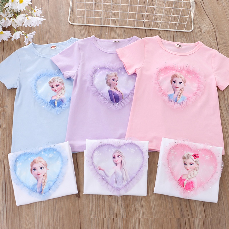 DISNEY Áo Thun Cotton Tay Ngắn Phối Ren Hình Công Chúa Băng Giá Elsa Dành Cho Bé Gái 2022 Mới 1-8 Tuổi