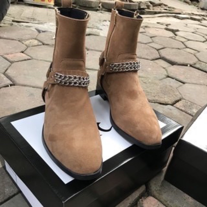 harness boot Da Lộn Nâu có xích giày bốt nam
