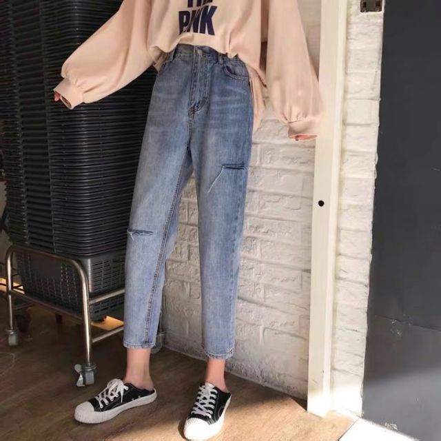 Quần slim baggy jeans rách gối hai nút sườn bên ver.3 form ulzzang kèm ảnh thật hàng sẵn