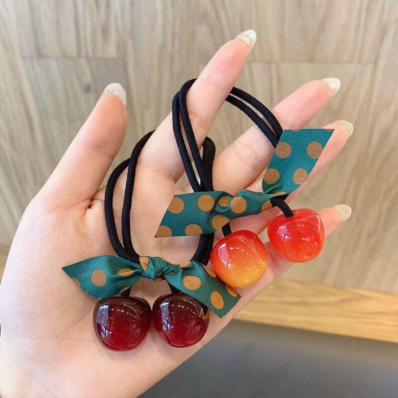 Dây buộc tóc hình quả cherry phối nơ thời trang xinh xắn