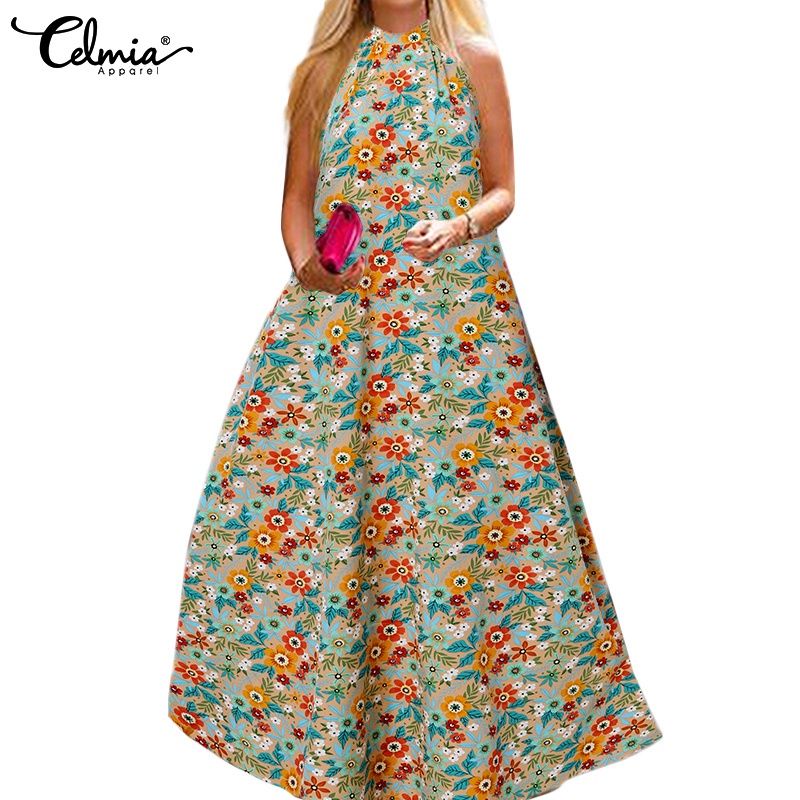 Đầm Maxi Xòe Celmia Không Tay In Hoa Có Dây Phong Cách Bohemian Thời Trang Mùa Hè Đi Tiệc Size Lớn Cho Nữ
