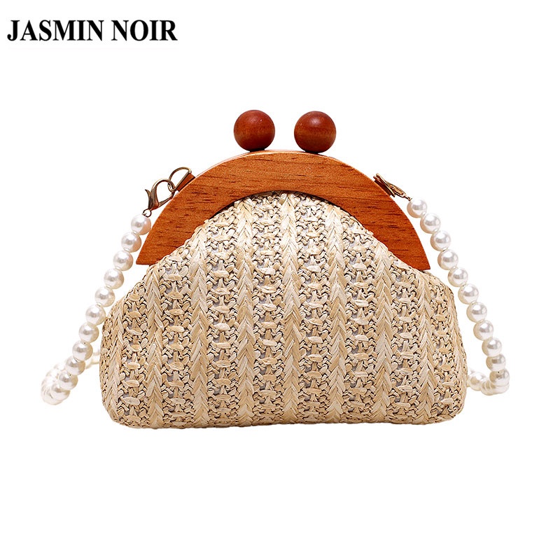 Túi cói JASMIN NOIR Hình Vỏ Sò Đính Ngọc Trai Xinh Xắn Cho Nữ