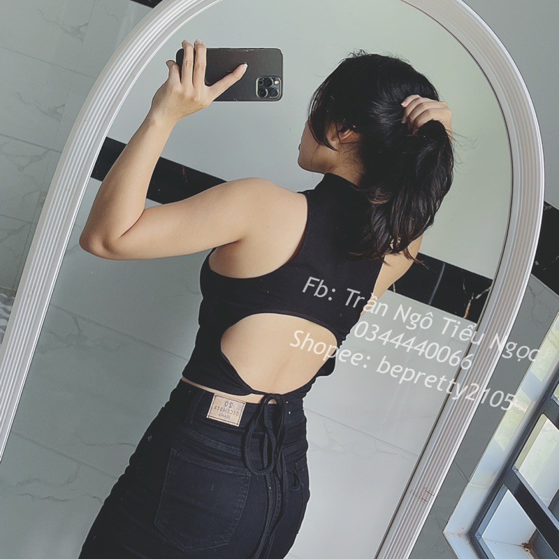 Áo khoét nách hở lưng cổ cao buộc nơ vải đẹp