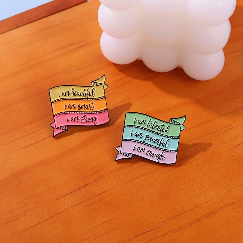 Ghim cài áo QIHE JEWELRY tráng men họa tiết chữ I am Beautiful cá tính