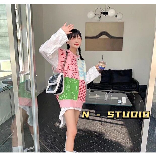 Áo len không tay cổ tròn dáng rộng thiết kế mới phong cách Hàn Quốc thời trang cho nữ