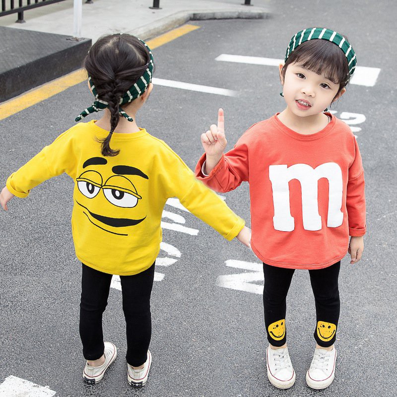 Bộ áo thun tay dài in hình hoạt hình + quần dài cho bé gái