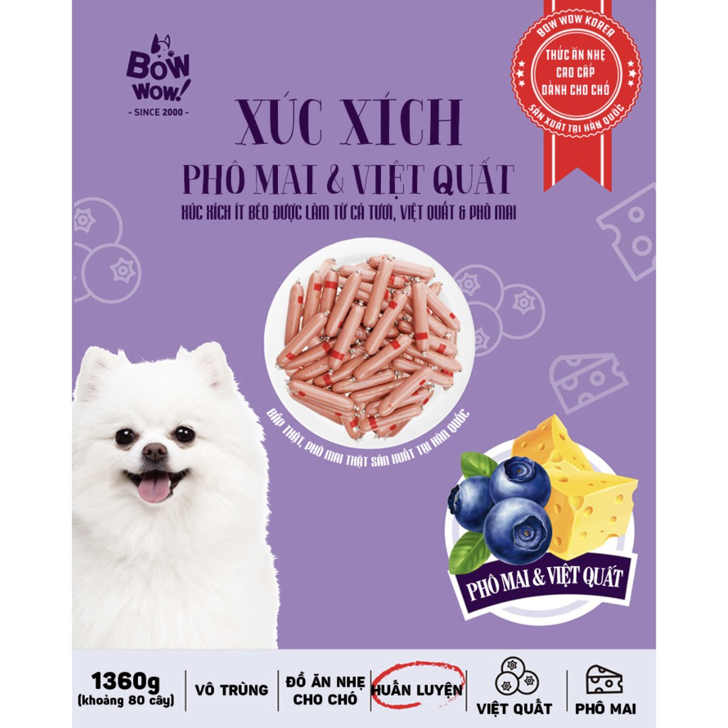 Xúc xích cho chó Bow wow 17gr phô mai việt quất, thức ăn vặt dinh dưỡng cún lớn chó con Con Mèo Xiêm