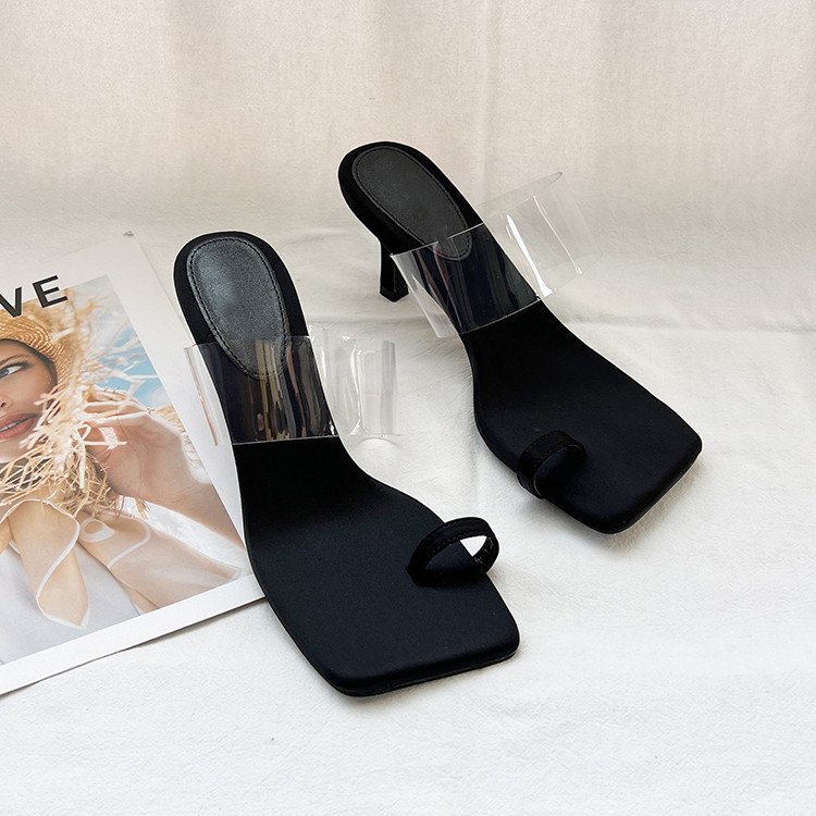 Dép cao gót JINXCHOY mũi vuông phối quai trong suốt sành điệu thời trang