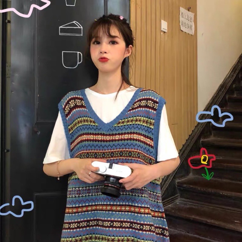 Áo Gile len thổ cẩm xanh