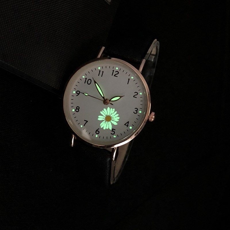 [Women Fashion Simple Style Luminous little Daisy Watches] [Ladies PU Leather  Belt Quartz Watch] [Girls Minimalist Casual Watch]