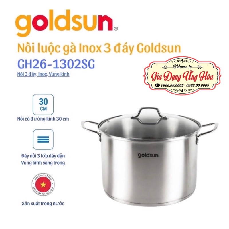 Nồi luộc gà,Đáy Từ, inox Goldsun GE43-1302SG size 26-28-30Cm- Hàng chính hãng