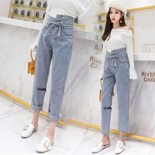 [Hàng order] Quần jeans cạp cao vạt lệch kết nơ xinh xắn(Q4)