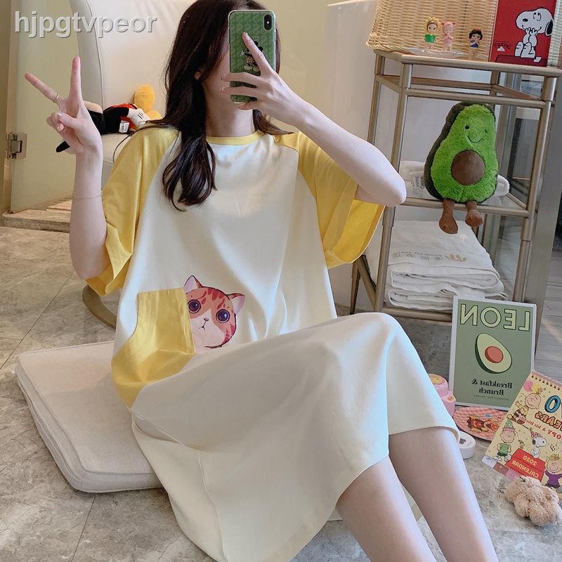 ✇℗Váy ngủ nữ cotton tinh khiết phiên bản hoạt hình mùa hè tay ngắn học sinh Hàn Quốc dễ thương vừa và dài mặc nhà có thể