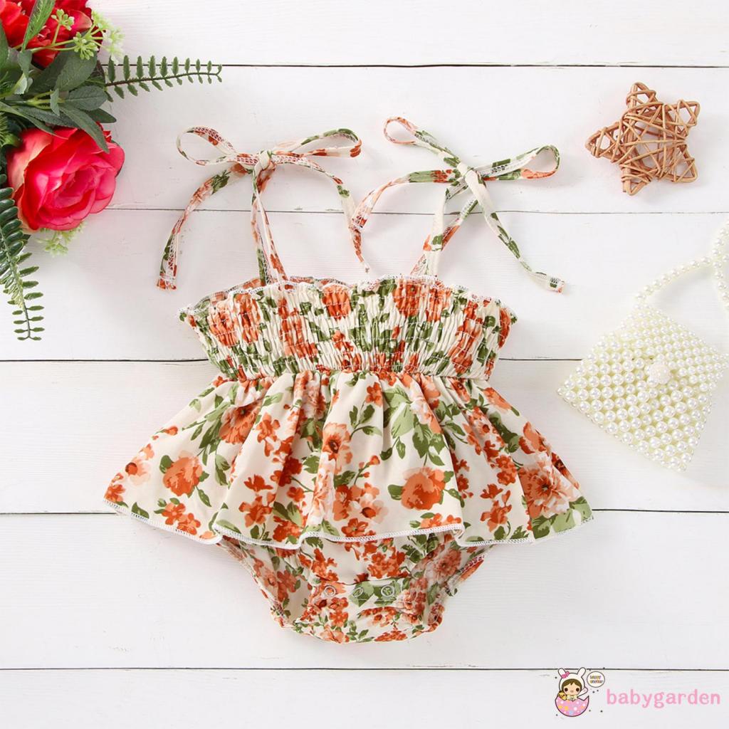 Bộ Áo Liền Quần Cổ Yếm In Hoa Cho Bé Gái 0-3 Tuổi