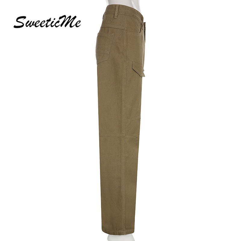 Quần Jean Lưng Thấp Ống Suông Xẻ Tà Màu Trơn Phong Cách Ngọt Ngào Thời Trang Cho Nữ