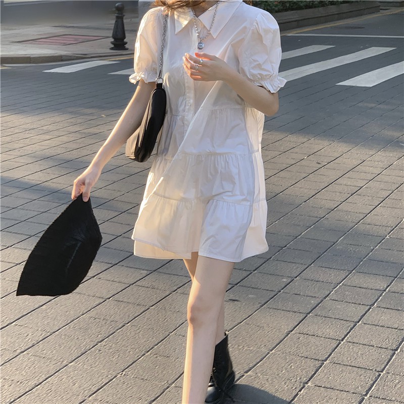 Xiaozhainv Đầm tay phồng/Áo hai dây vải denim kiểu retro xinh xắn cho bạn gái