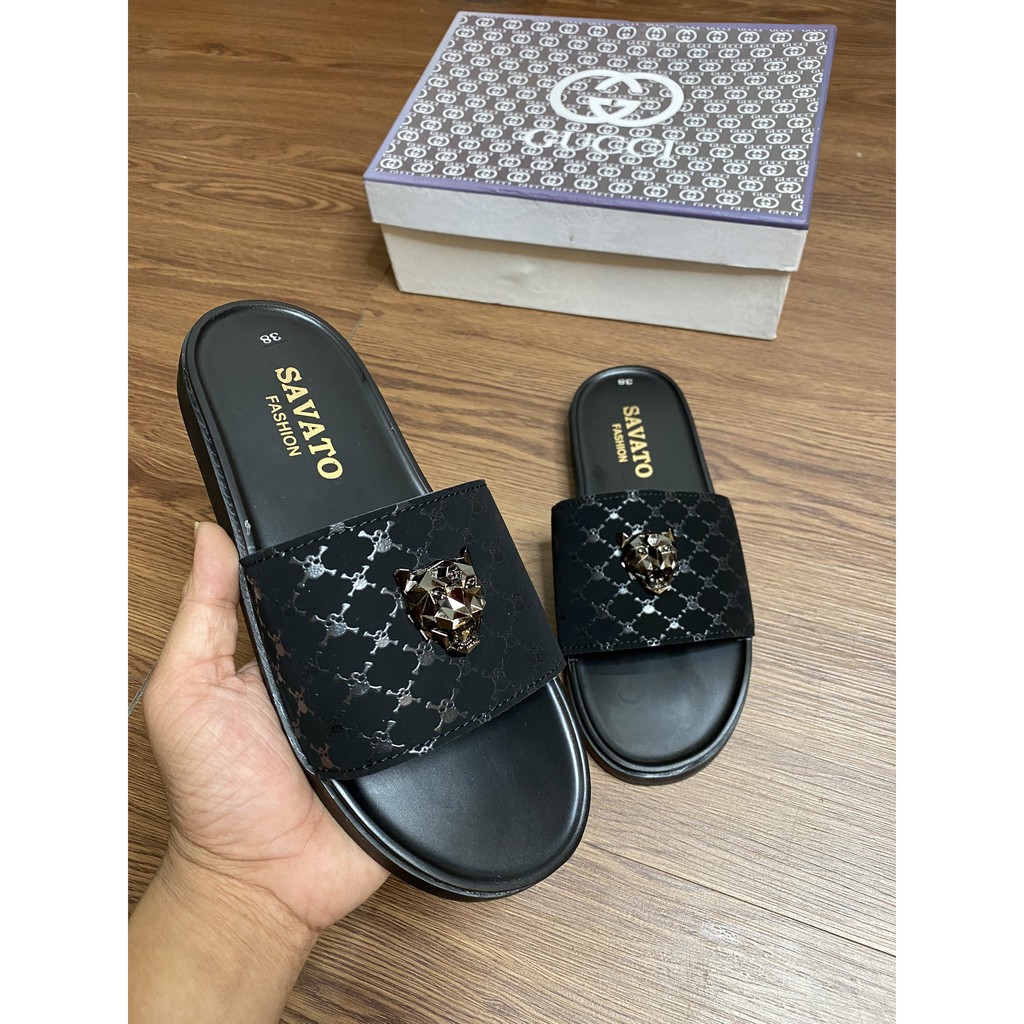 Dép lê Savato nam - Dép Savato quai ngang vân logo sói - Dép GC