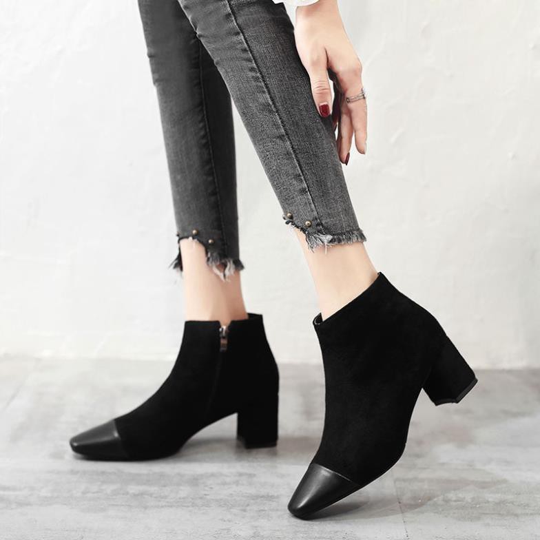 🌟 | Sales T8 | HOT SALE 🌺Boot Nhung Cao Gót B57/ Mũi Giày Phối Da, Đế Vuông Cao 7cm Đẹp Xịn . 2020 new .. .. . . . .
