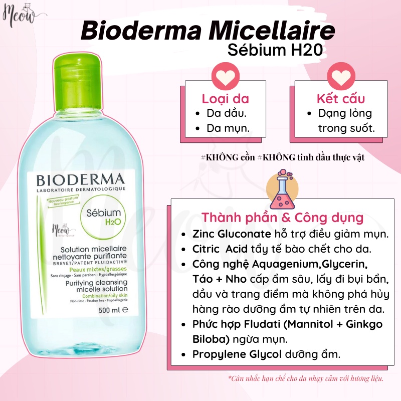 Nước tẩy trang Bioderma làm sạch da Micellaire Solution Sensibio - Sebium H2O