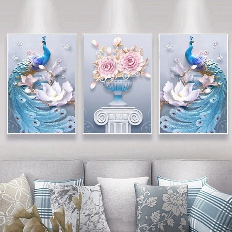 [HCM] Bộ 3 Tranh canvas giá xưởng - Tranh Treo Tường 3D Chim Công - Tranh treo tường canvas tặng kèm đinh đa năng