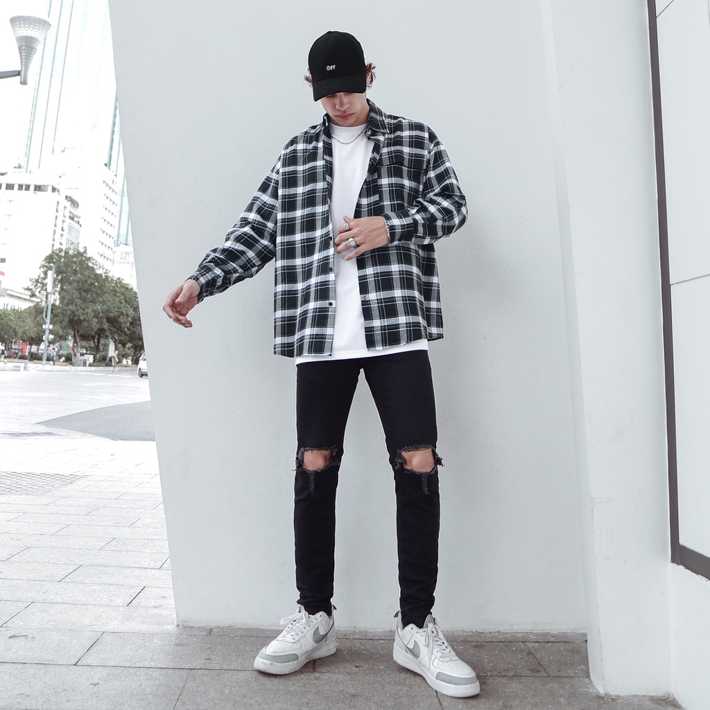 Áo Sơ Mi Flannel Màu Tím Sọc Đen Trắng Form Rộng Thoải Mái Chất Liệu Cotton Thoáng Mát Phong Cách Đường Phố