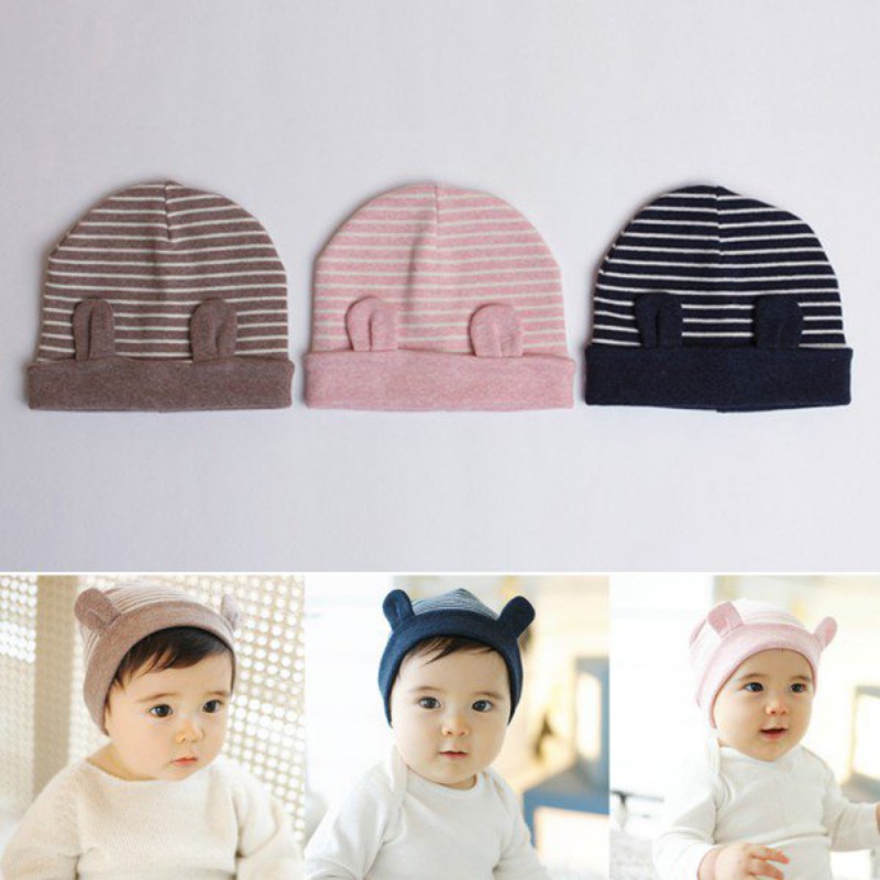 Mũ beanie có tai thiết kế họa tiết sọc ngang thời trang dễ thương cho bé