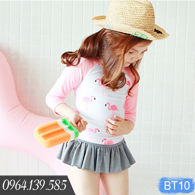 [LẺ SIZE DƯỚI 17kg] - Bộ đồ bơi 2 mảnh dài tay bé gái, chất bơi lyrca Hàn đẹp, mầu trang nhã, quần váy dễ thương | BT10