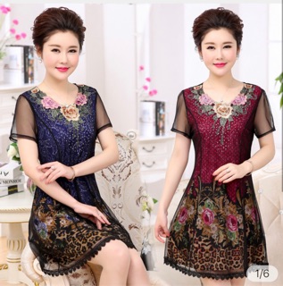 Đầm ren trung niên thêu ngắn tay mỏng trung dài 40-50 tuổi dành cho mẹ váy in họa tiết hoa