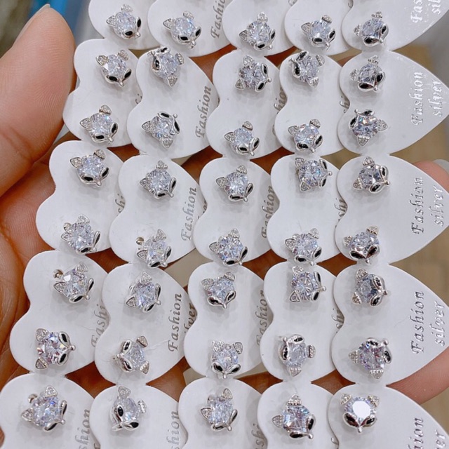 Khuyên tai nụ hồ ly, pha Lê đen trắng, đinh, oliu, đinh bạc thật mạ vàng trắng tròn vuông sao