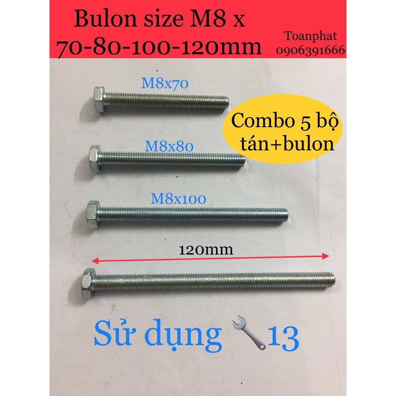 5 bộ bulon +tán M8 | size M8x70/M8x80/M8x100/M8x120 mm