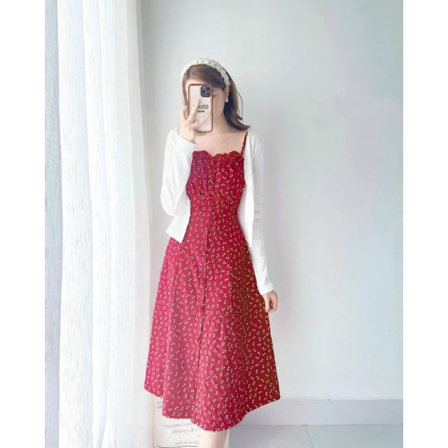 SET ĐẦM 2 DÂY HOA ĐỎ + KHOÁC TRẮNG
