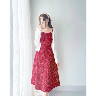Set đầm 2 dây hoa đỏ + khoác trắng