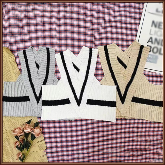 Áo Croptop Dệt Kim Sát Nách Cổ Chữ V Họa Tiết Kẻ Sọc Thời Trang Mùa Hè Cho Nữ