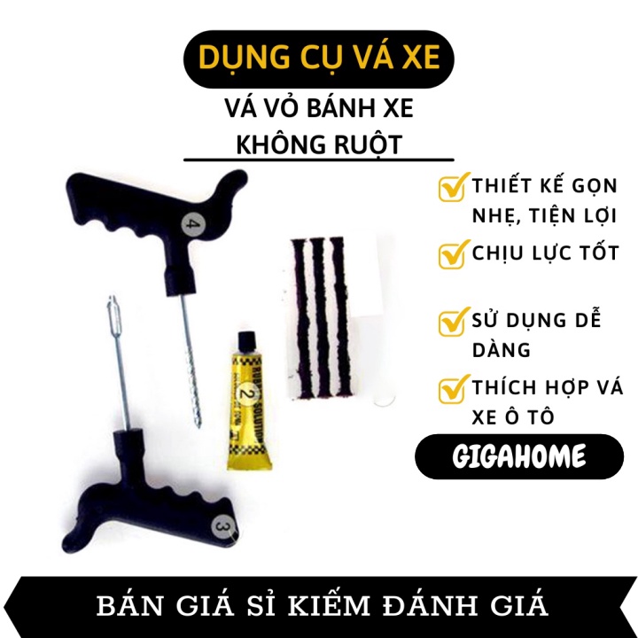 Bộ vá xe không ruột GIGAHOME Gồm 1 cây gắp đinh, 1 cây chịu lực để đưa cao su vào, 1 chai keo và 3 cây cao su 3085