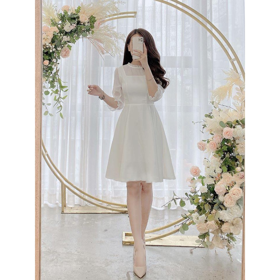 [Mã WASTMAY giảm 15% tối đa 30K đơn 150K] Đầm trắng phối tay voan xòe nhẹ dịu dàng | BigBuy360 - bigbuy360.vn