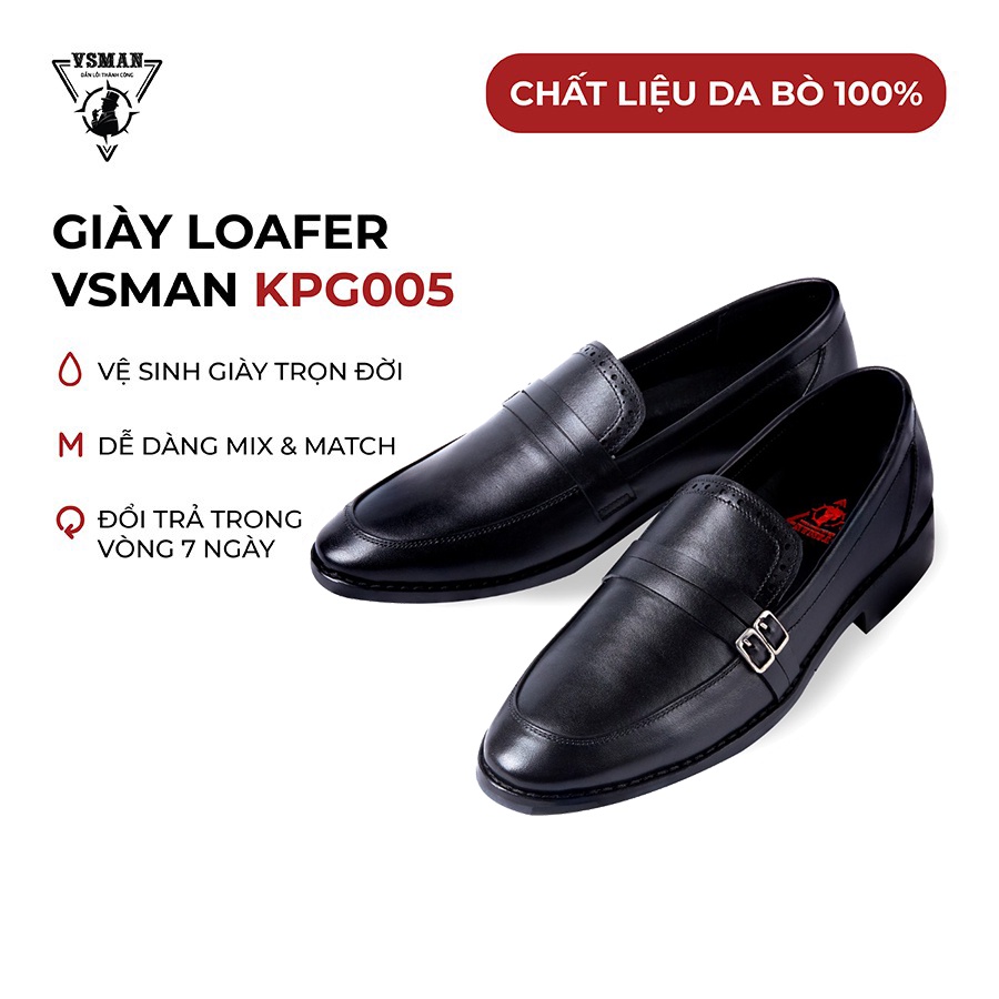 Giày lười nam da bò thật Loafer hai dây khóa ngang VSMAN giày mọi nam công sở đế đúc siêu bền hợp gu thời trang - KPG005