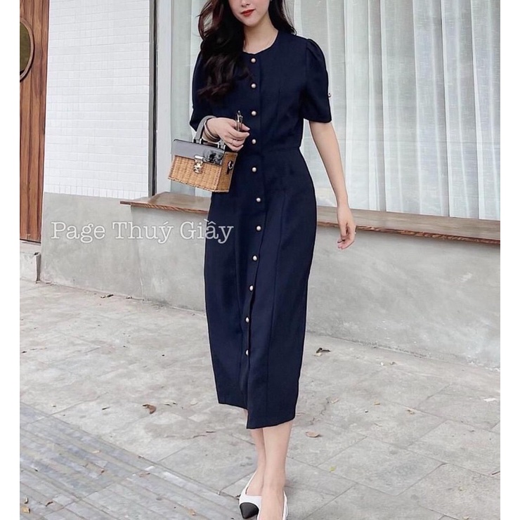 Váy thiết kế tay bồng cúc đồng dáng dài hai màu siêu xinh | BigBuy360 - bigbuy360.vn