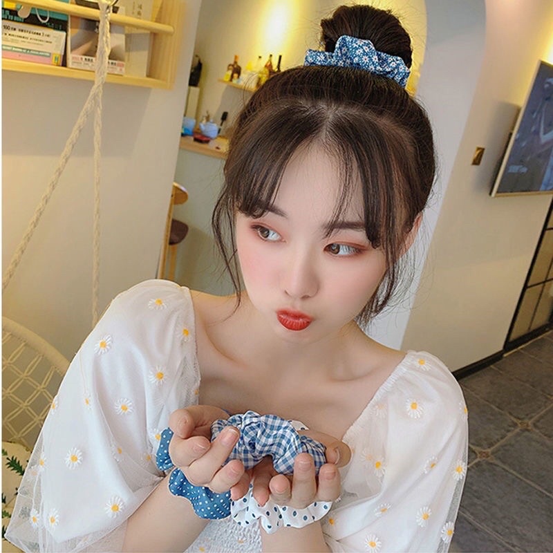 Set 5 dây buộc tóc scrunchies màu xanh dương hoạ tiết caro/chấm bi cho nữ