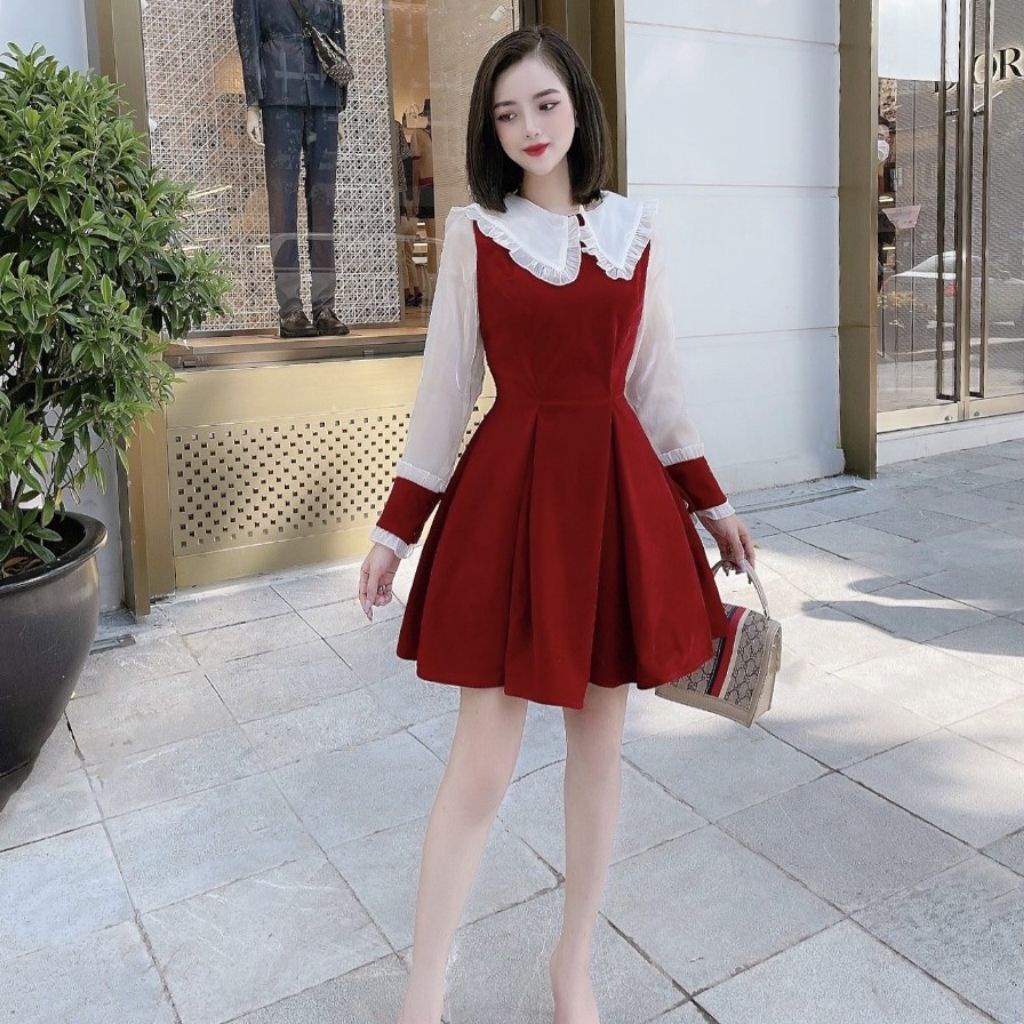 Váy nữ Thiết Kế xòe ngắn phối tơ dài tay, đầm nhung dự tiệc sang chảnh HN clothing | BigBuy360 - bigbuy360.vn