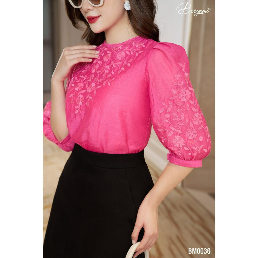 Áo Kiểu Cổ Tròn Tơ Thêu Hoa, Vải tơ cao cấp không co giãn, có 2 mầu: Màu hồng, Xanh lá - BM0036