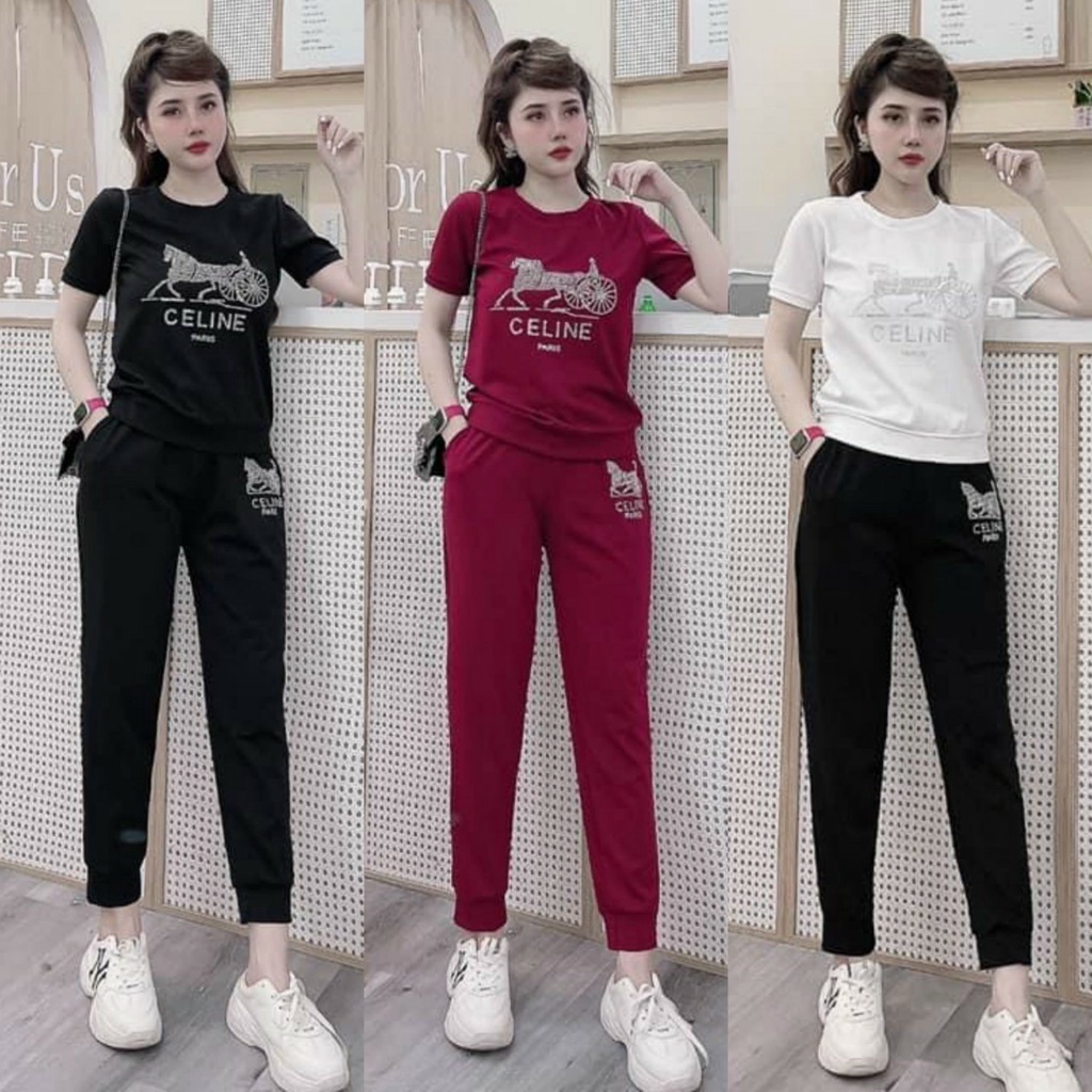 Đồ bộ thể thao thun cotton đính đá hình ngựa