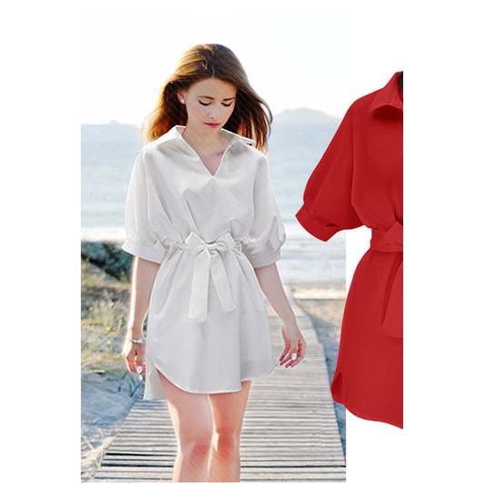 Váy áo sơ mi cổ chữ V from rộng, dây cột eo trẻ trung, năng động