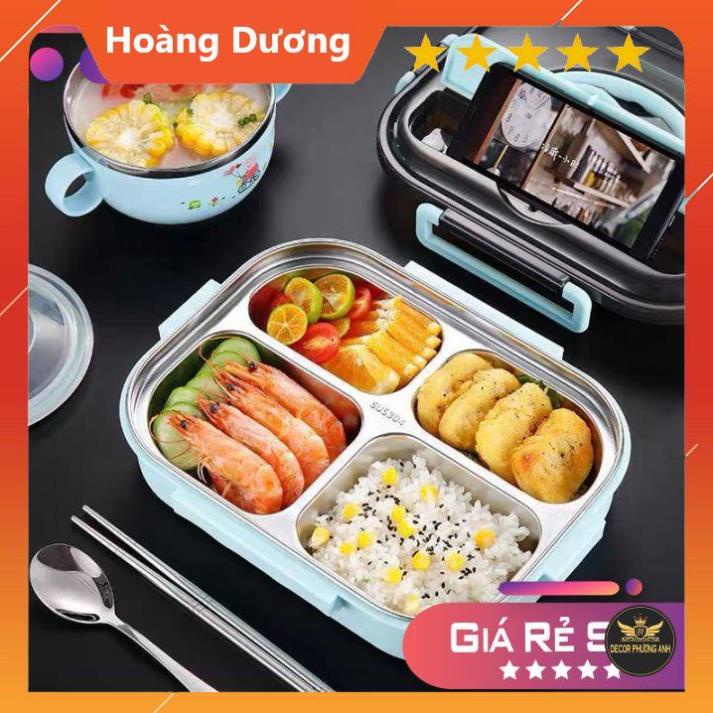 🚚FREESHIP❤️ Hộp Cơm giữ nhiệt, hộp cơm văn phòng khay Inox 304, 3 Ngăn + tặng muỗng và 1 đôi đũa