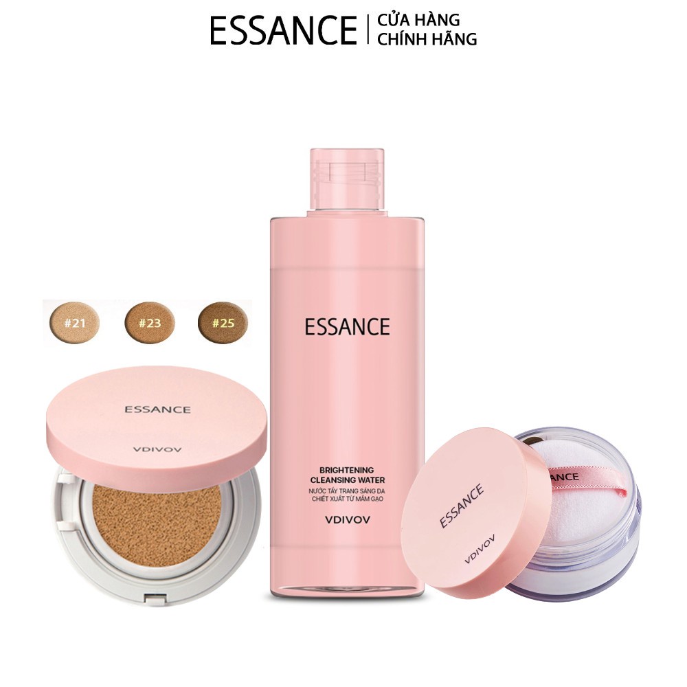 Combo trang điểm kiềm dầu Phấn nước Essance Cushion 15g, Phấn phủ Setting Powder 7g và Nước tẩy trang sáng da 290ml