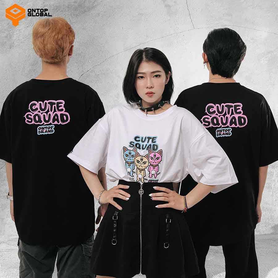 [Freeship] Áo thun tay lỡ form rộng nam nữ màu trắng Cute Squad local brand ONTOP