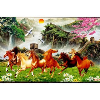 tranh dán tường 3D mã đáo thành công in Vải Lụa 1m5 x 1m