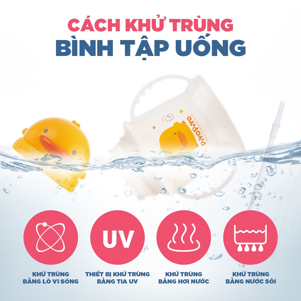 Bình tập uống hai tay cầm nắp trượt cho bé Piyo Piyo 250ml, ống hút siêu mềm ngăn tràn