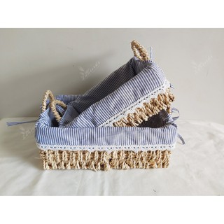 Khay cói hình chữ nhật có quai kèm vải lót cotton, đan từ sợi buông hàng VN, hình thật shop chụp