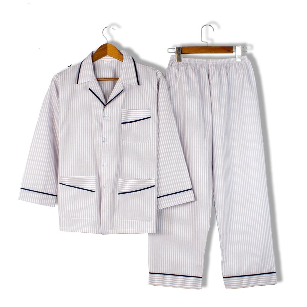 Bộ đồ pyjama dài tay nam chất vải cotton mềm mát thoải mái thấm hút mồ hôi loại bộ đồ caro cho người lớn tuổi