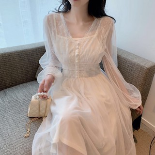 Set đầm maxi tiểu thư ulzzang dài tay phối ren - u.w